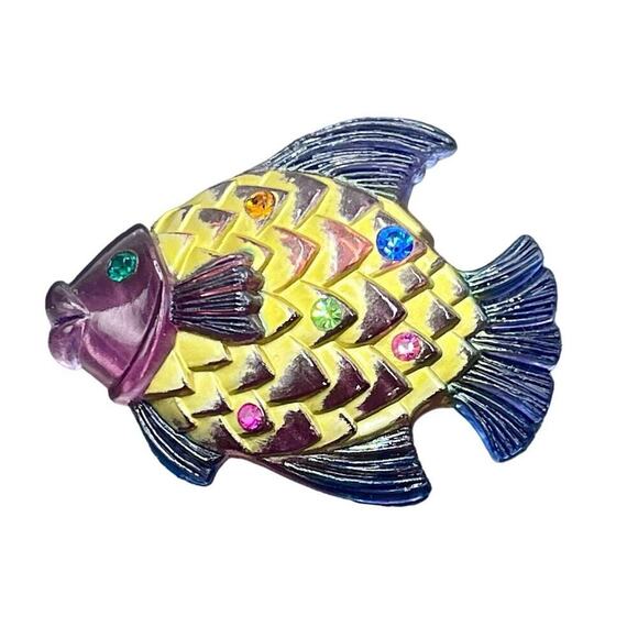 Vintage Avon Book Piece Purple Lucite Fish‎ Brooch Rhinestones Original Box